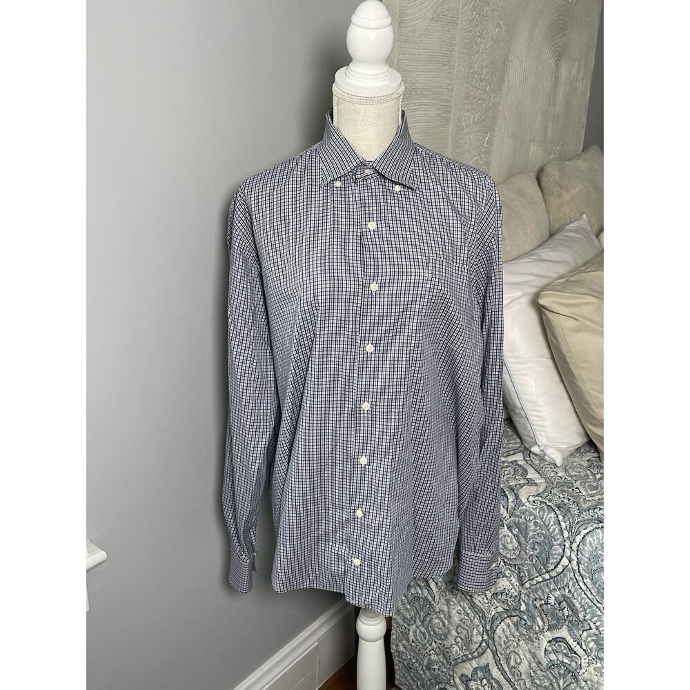 Peter Millar Men's Blue Cotton Blend Plaid Gingham Button Down Long Sleeve L